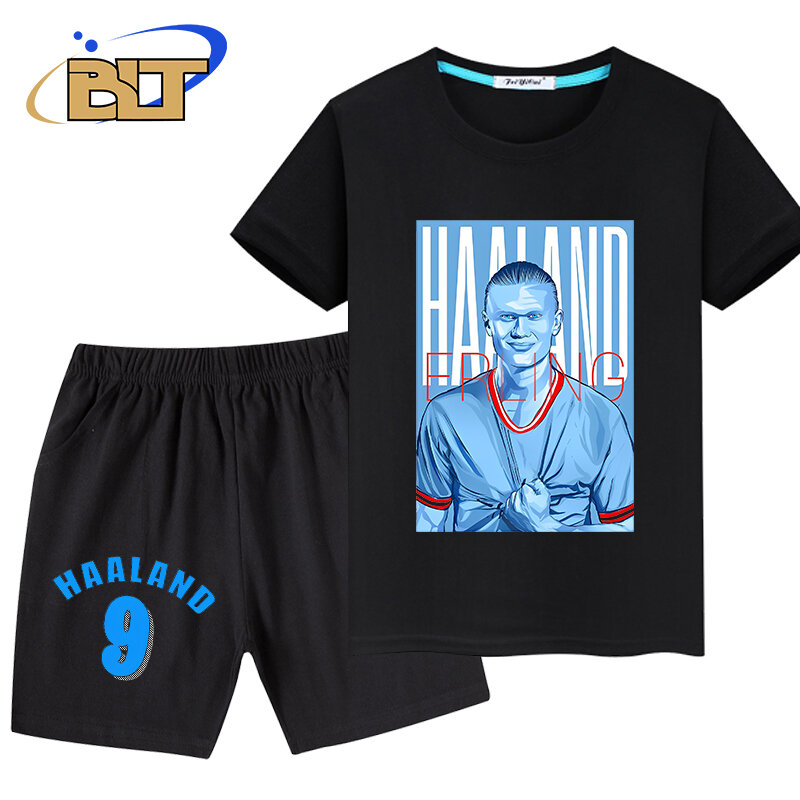 Haaland-Conjunto infantil de camiseta e shorts estampados, manga curta preta, roupa de verão, conjunto 2 peças