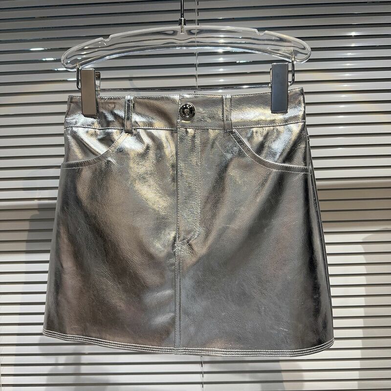 Falda-saia bodycon de couro sintético brilhante, cor metálica, curta, fina, nova chegada, outono