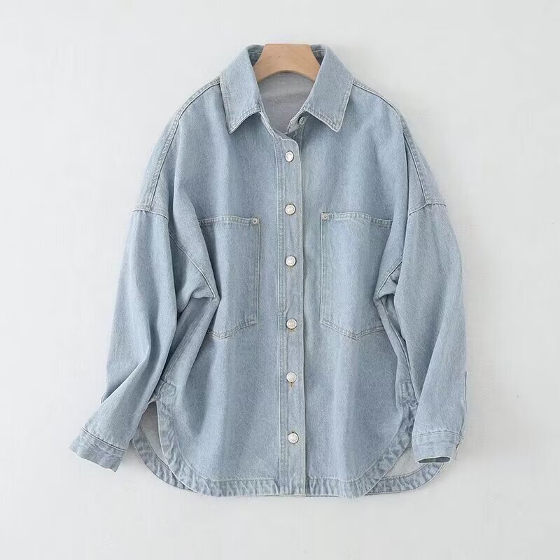 Blusa feminina retrô de mangas compridas com abotoamento, versão solta, tecido jeans, brincalhão casual, tops chiques, nova moda, 2022