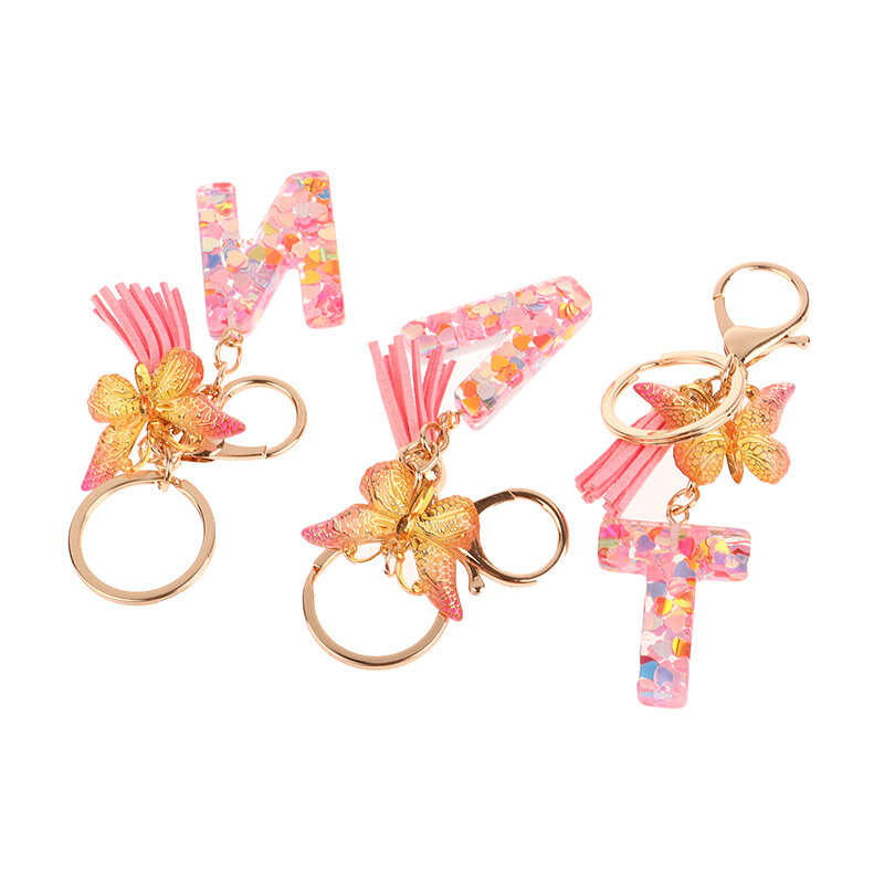 A-Z Dreamy Sequin Letters Keychain Butterfly Pendant Initial Keyring Tassel For Women Purse Suspension Bags Charms Car Key Chain