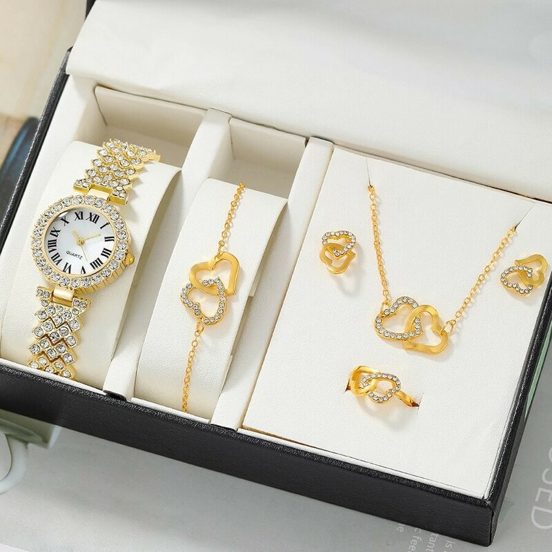 Dainty jam tangan Quartz wanita, Set perhiasan bentuk hati berlian imitasi dengan Set hadiah Valentine