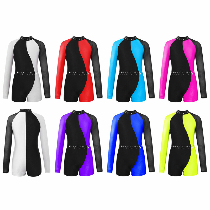 Kids Girls Mesh Contrast Color Dance Leotards Invisible Zipper Long Sleeve Round Collar Jumpsuit Stylish Clothing