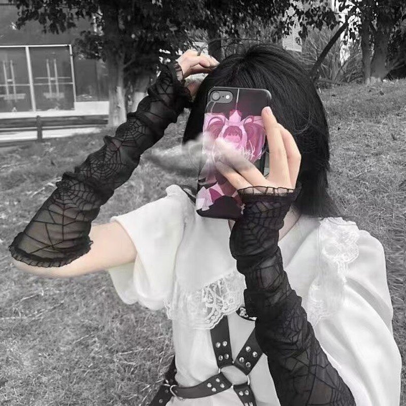 Gothique Lolita Girls Black Spider Web Gants pour femmes, Mitaines en maille de dentelle sans doigts, Punk, Harajuku, Manches mi-doigts sexy, Nouveau