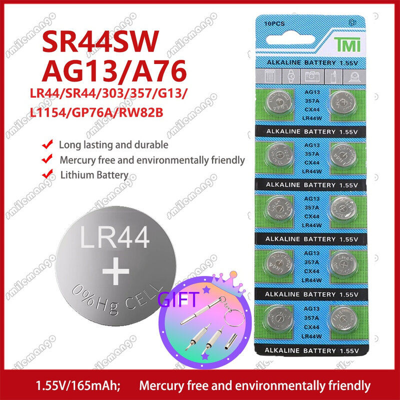 셀 코인 시계 원격 배터리, 1.55V AG13 LR44 L1154 RW82 SR1154 SP76 필라 SR44 버튼 배터리, A76 LR1154 GP7, 2 개-50 개