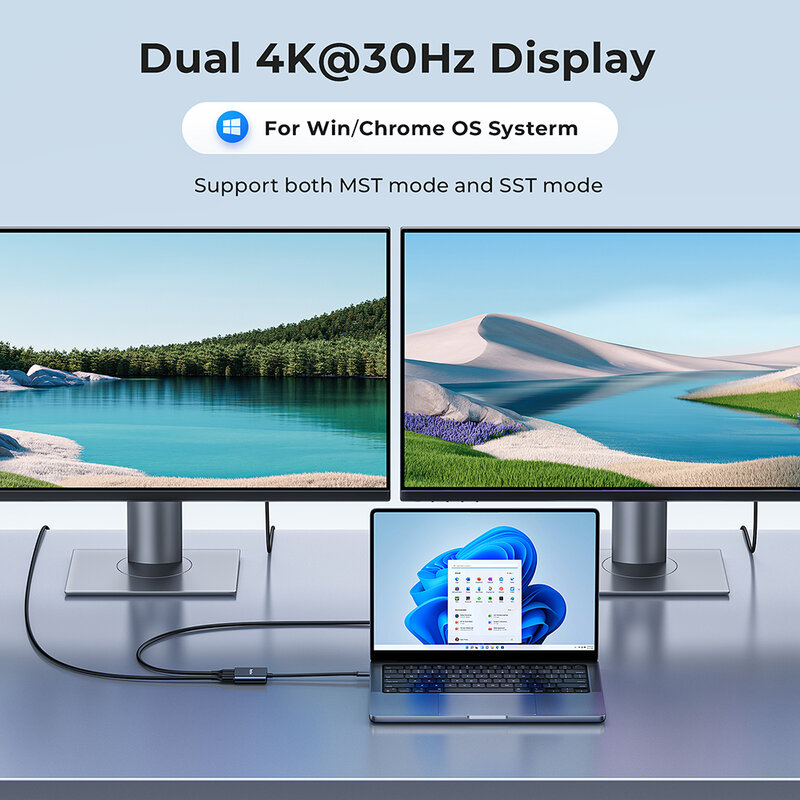 RayCue HDMI-compatible 분배기, 레노버 요가 씽크패드 델 HP 노트북 모니터용, USB C 타입 변환 어댑터, 4K, 30hz, 60Hz
