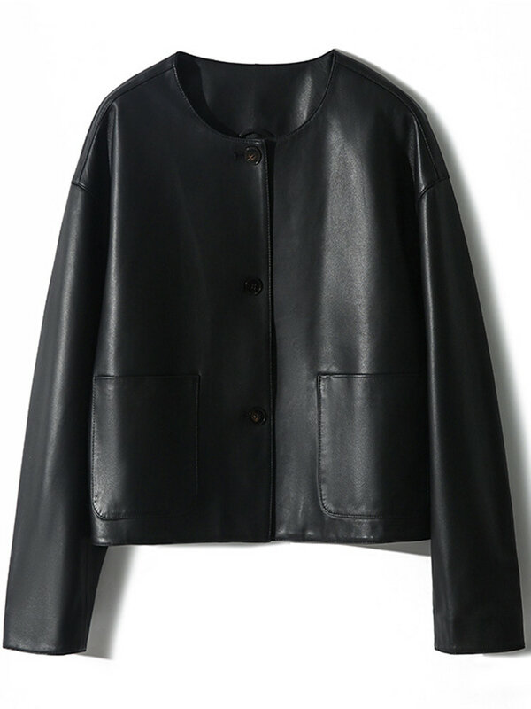 Sheepskin Leather Coat for Women, Drop Shoulder, Genuine, Round Neck, Small, Short, Solid, Spring, Autumn