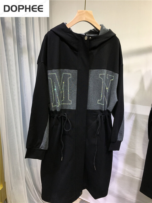 Colorblock perfuração quente casacos com capuz feminino mid-long drawstring cintura zip preto blusão outono manga comprida trench coats