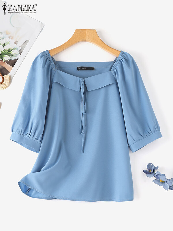 Топ ZANZEA в Корейском стиле на шнуровке, винтажная однотонная блузка с рукавом до локтя, модные женские рубашки с квадратным вырезом, Повседневная Свободная Женская одежда