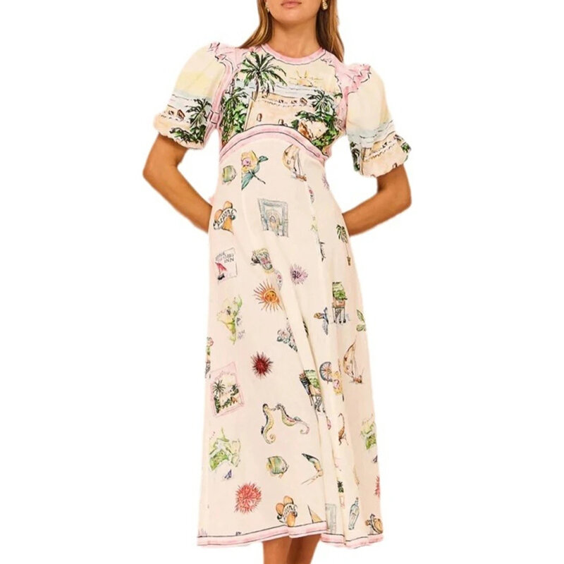 Женское длинное платье с высокой талией, повседневное свободное элегантное платье с цветочным принтом для отпуска, пляжное платье макси, лето 2024