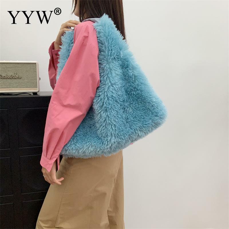 Punk Faux Fur Women'S Purse Handbags Solid Color Y2k Hot Girls Faux Lamb Wool Female Underarm Bag Soft Furry Female Tote Bag