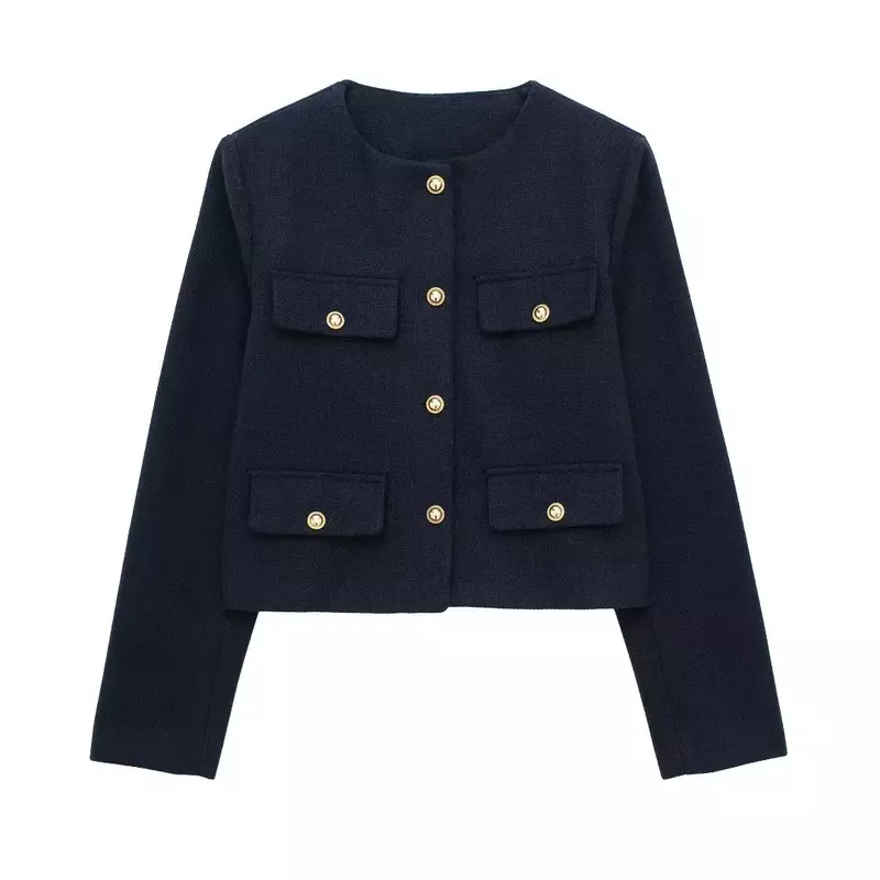 Donne New Fashion Flip decoration Cropped O Neck Jacket Coat Vintage manica lunga Button-up capispalla femminile Chic Overshirt
