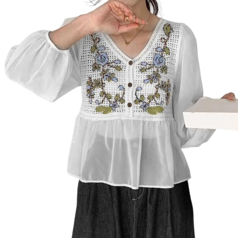 المرأة زهرة الكروشيه قميص أنيق الشيفون نفخة الأكمام زر الخامس الرقبة بلوزة فضفاضة