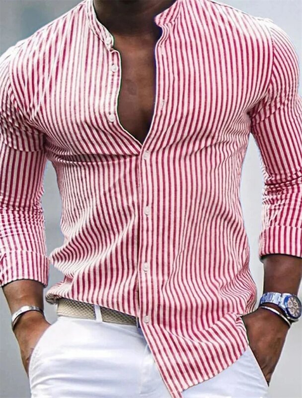 Camisa hawaiana de manga larga para hombre, camisa informal con botones, cuello levantado a rayas, ropa de vacaciones, Top estampado, S-6XL, novedad de 2024