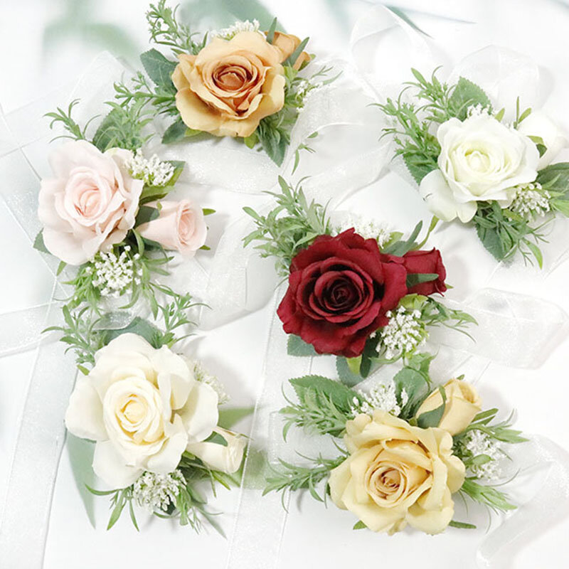 Ramillete de boda, flor de muñeca, Hermanas de dama de honor, flores hechas a mano, rosa de seda Artificial, pulsera de boda, accesorios de decoración de Graduación