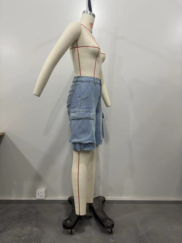 Spring/Summer Women's Denim Cargo Shorts Multi-Pocket Comfortable Casual Loose Solid Color Ladies Quarter Pants