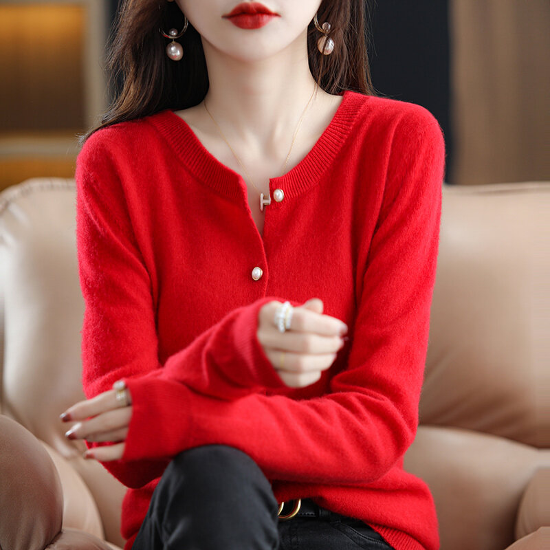 Cardigã de manga comprida com gola redonda curta feminino, suéter de lã 100% puro, fragrância pequena, malha inferior solta, primavera, outono