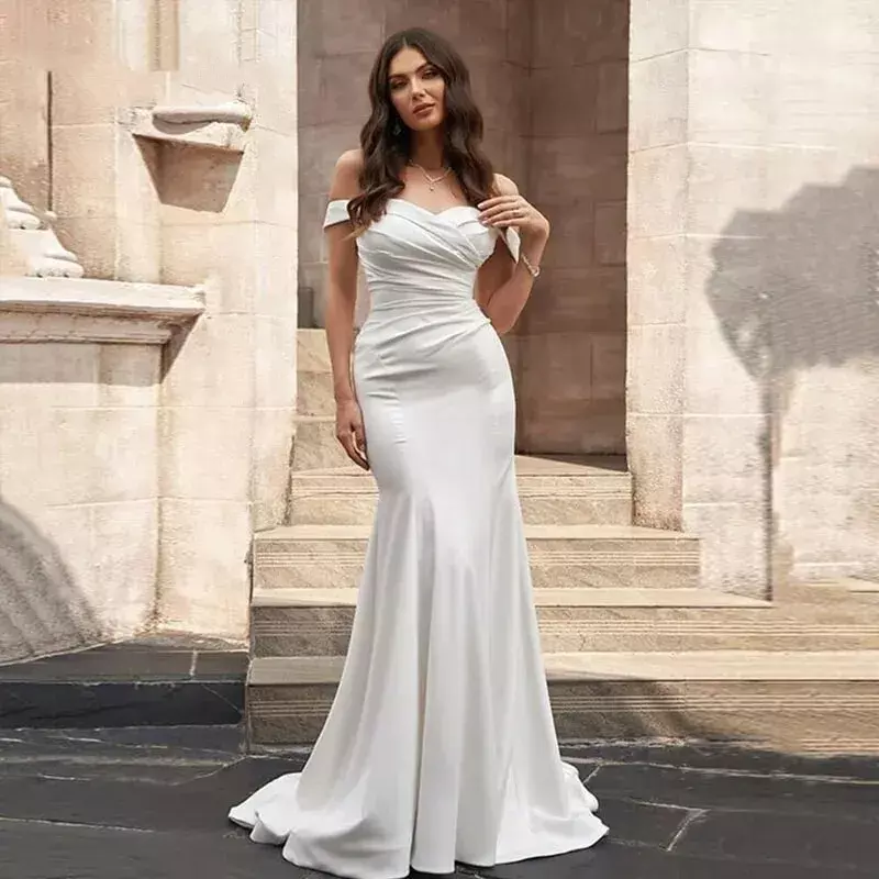 Gaun pernikahan putri duyung elegan untuk kekasih gaun pengantin tanpa lengan bahu terbuka kancing panjang lantai Vestidos De Novia