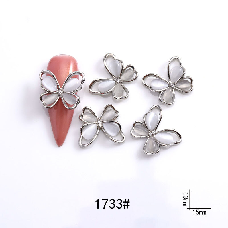 10Pcs 3D Schmetterling Nail art Schmuck Charms Rose Gold/Silber/Grau Kristall Strass 13*15mm legierung Opal Nagel Teile Zubehör