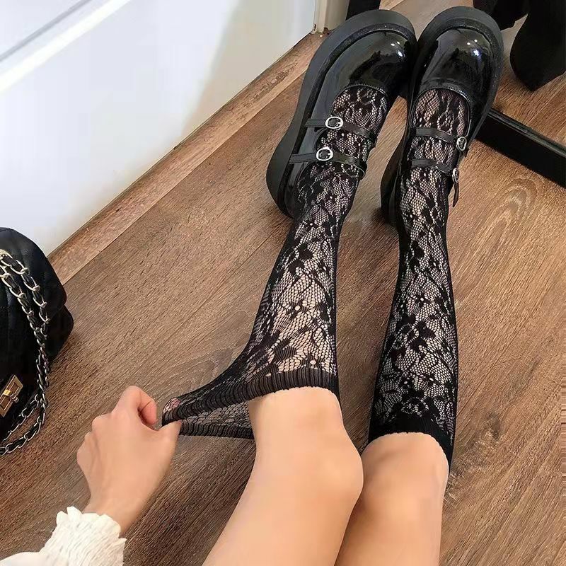 Meias de malha sexy estampadas florais para mulheres, meias altas no joelho, nylon macio, elástico, moda arrastão, meias de perna longa, meias sheer designer