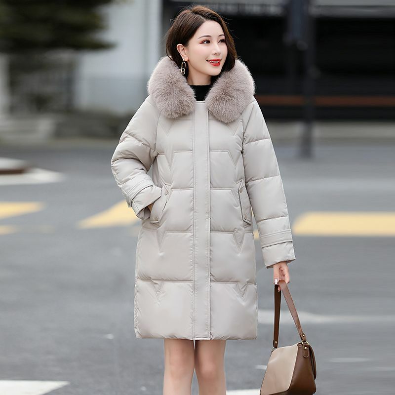 Abrigo de plumón con cuello de piel grande para mujer, abrigo grueso con capucha de longitud media, ropa de invierno, 2023