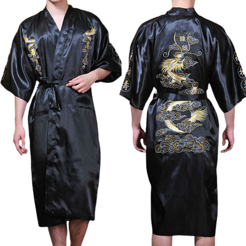 Moda uomo raso stile cinese grande drago ricamo camicia da notte Kimono di seta pigiameria pigiama allentato Casual accappatoio Homewear