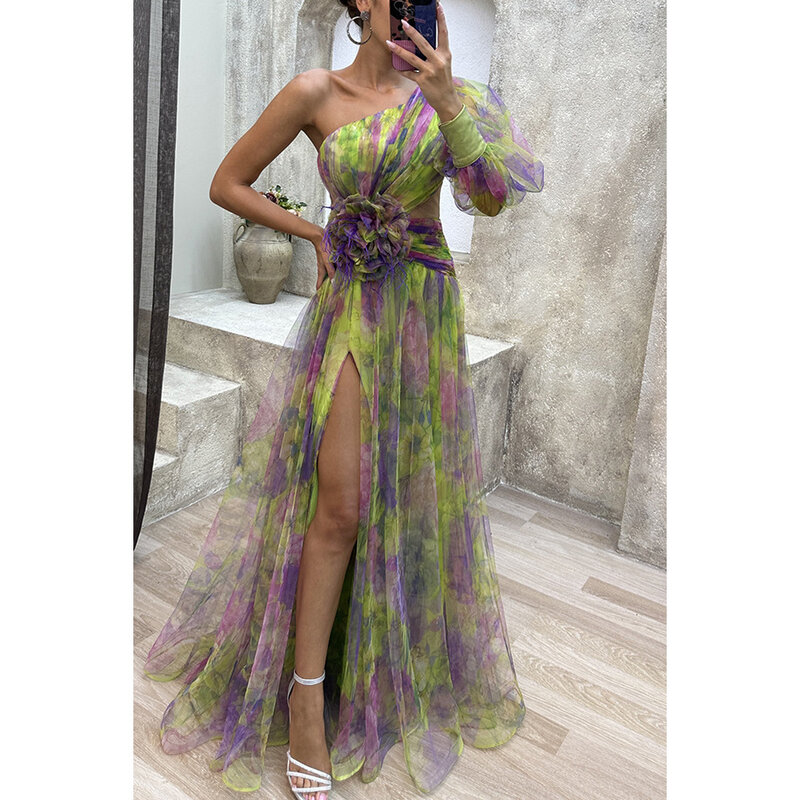 Женское вечернее платье из тюля с принтом, Привлекательное платье макси на одно плечо с длинным рукавом и аппликацией, элегантное женское коктейльное платье