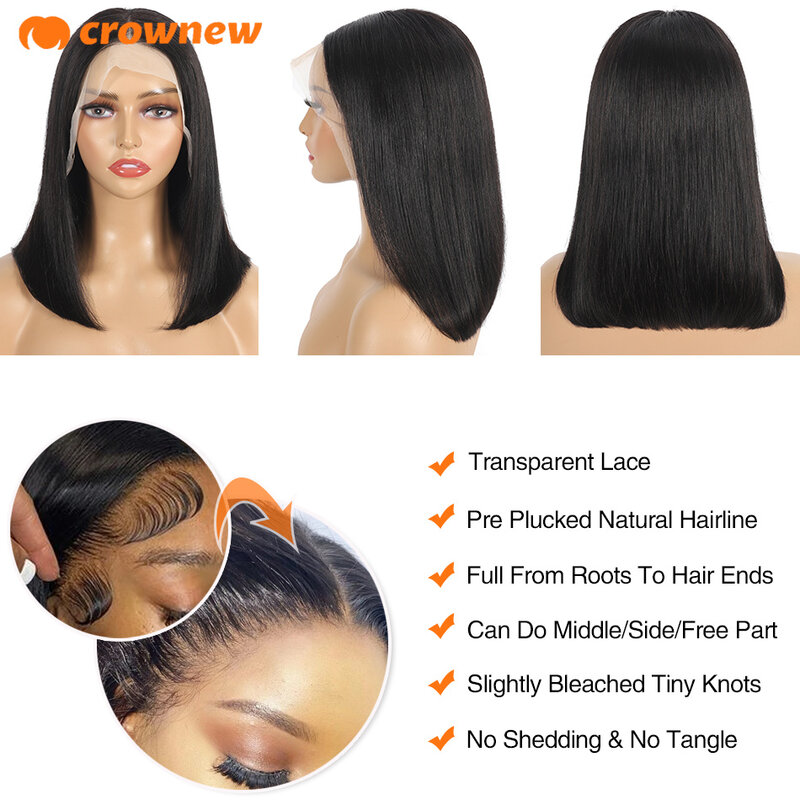 Perruque Bob Lace Front Wig Brésilienne Naturelle Lisse, Cheveux Humains, Transparent HD, 13x4, Densité 180%, pour Femme