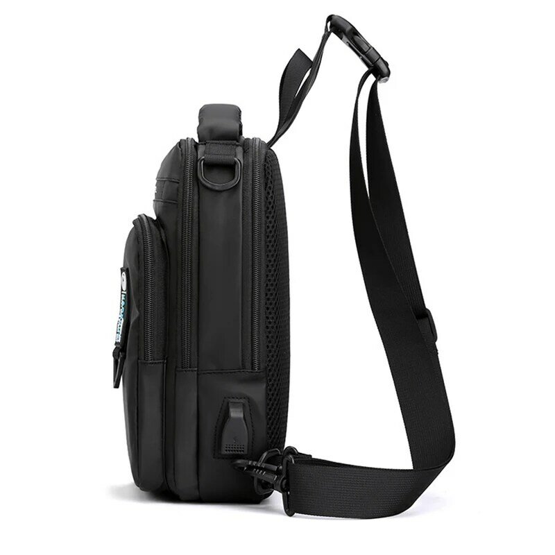 Tas selempang dada bahu pria, ransel kecil dengan Port pengisi daya USB berpergian tahan air nilon untuk lelaki
