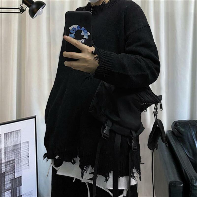 Oversized Men Sweater Vintage Hip Hop Dark Style Solid Hollow Out Rotten Edge O-neck Pullover Autumn Casual Top Male Streetwear