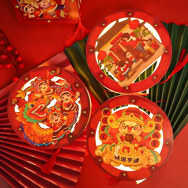 Mid-autumn Festival DIY Red Lantern Material Package Chinese New Year Children Cartoon Paper Lights Handmade Gift Decoration