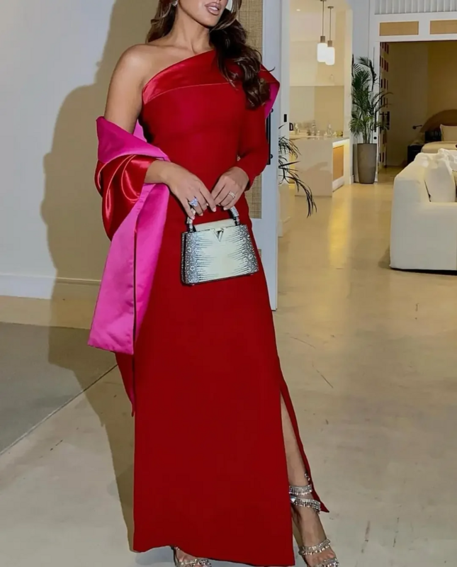 Saudi Meerjungfrau Langarm Ballkleider zurück Party kleider eine Schulter Party kleider knöchel lange Seite geteilt Abendkleider