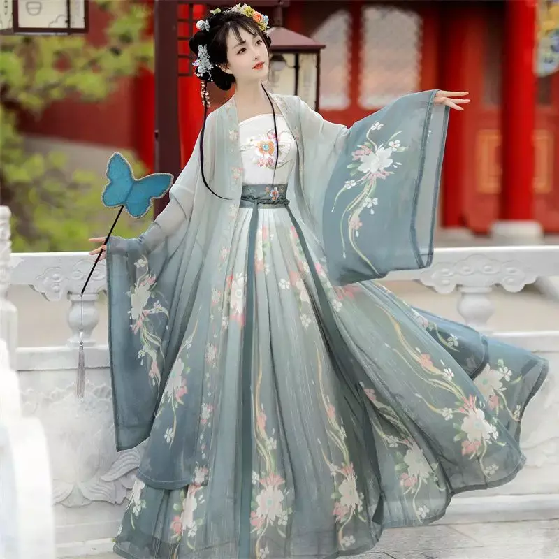 Hanfu ชุดกระโปรงสำหรับผู้หญิงชุดเต้นรำปักลายแบบโบราณชุดชุดโบราณนางฟ้าคอสเพลย์ราชวงศ์ถัง