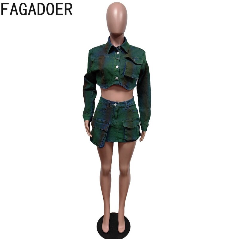 Fagadoer Mode Tie Dye Print Mini Denim Rokken Tweedelige Sets Dames Turndown Kraag Knoop Lange Mouw Crop Top Rokken Outfits