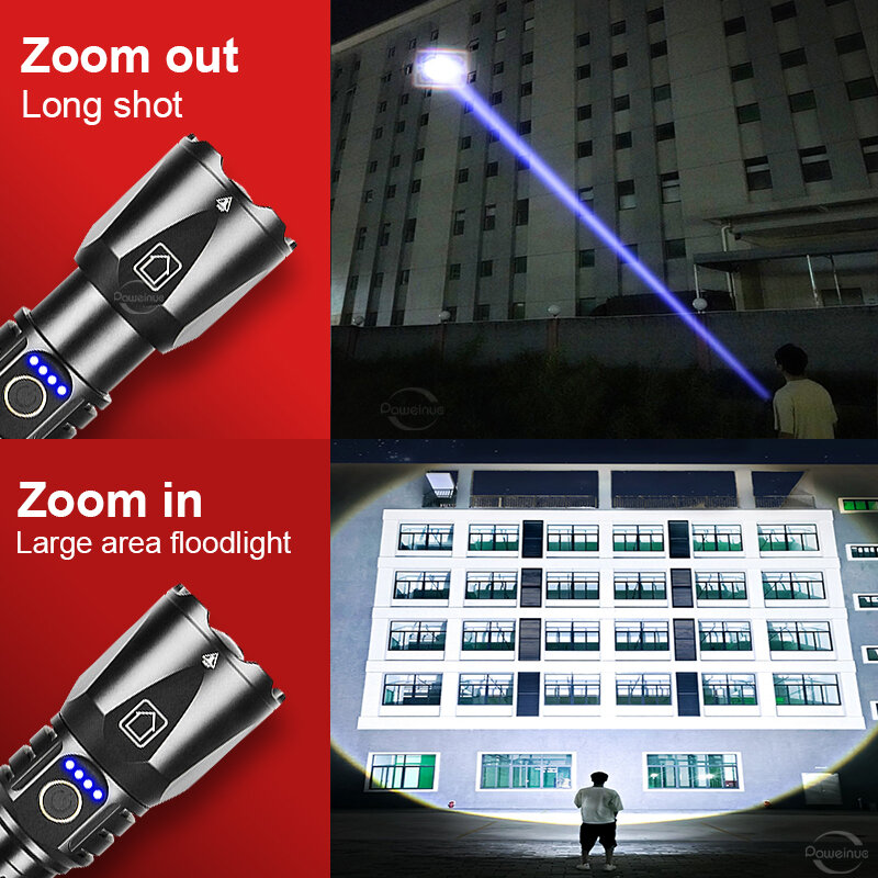 2300LUX 50W Torce LED ad alta potenza USB LED Ricarica Flash Light 1500M Torcia potente Lanterna tattica Torcia a tiro lungo