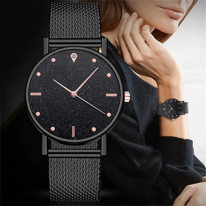 Relógio de quartzo feminino com mostrador de aço inoxidável, pulseira casual, relógio de pulso luxuoso, relógio feminino