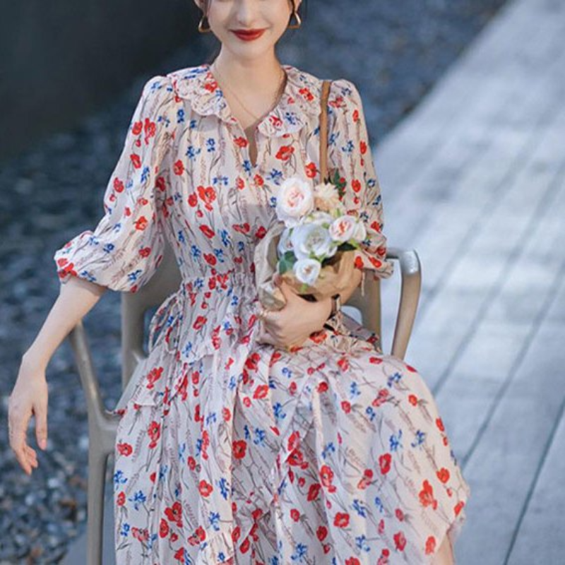 Gaun wanita elegan motif teh, rok panjang Super peri Prancis, gaya musim semi, rok panjang elegan motif dewi