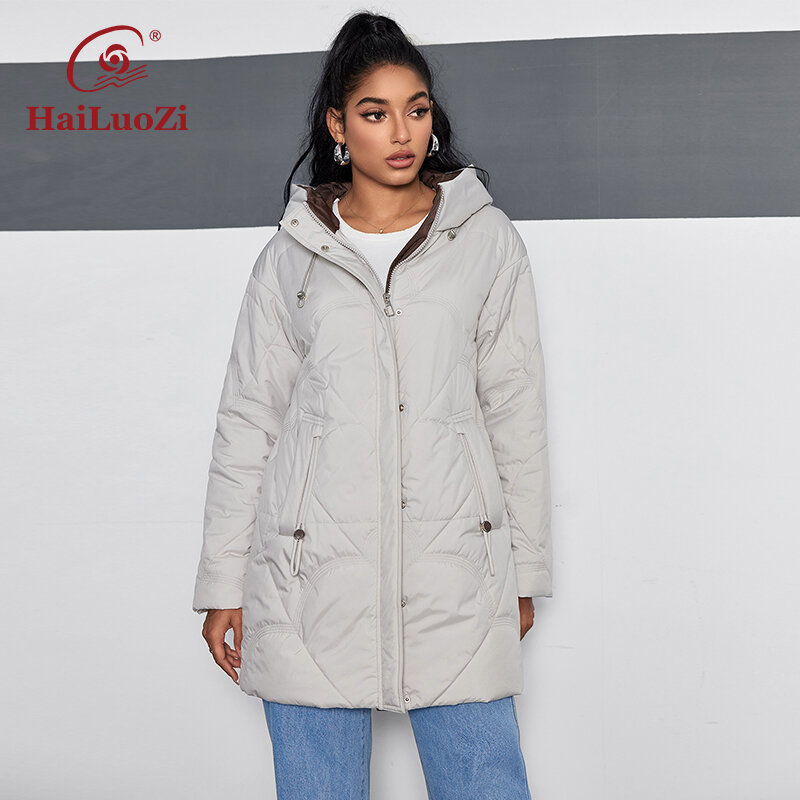 HaiLuoZi 2024 New Spring Women's Coat Mid-Long Thin Cotton Slim Parkas Slant Pockets Hooded Zipper Style Women Jacket 12113