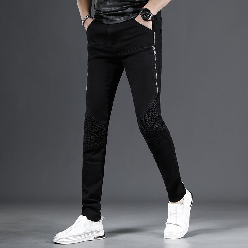 ผู้ชายสไตล์เกาหลีกางเกงยีนส์สีดำกางเกงกระชับรูปร่าง Streetwear Casual Zipper Patchwork Denim กางเกง CP2200