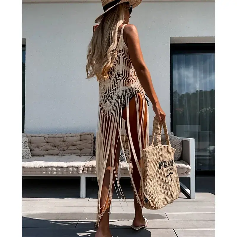 2024 Crochet Tunic Bikini Cover-ups Sexy Hollow Out Dress Women Summer Clothes Beach Wear Swim Suit See Through Tassel Cover Up