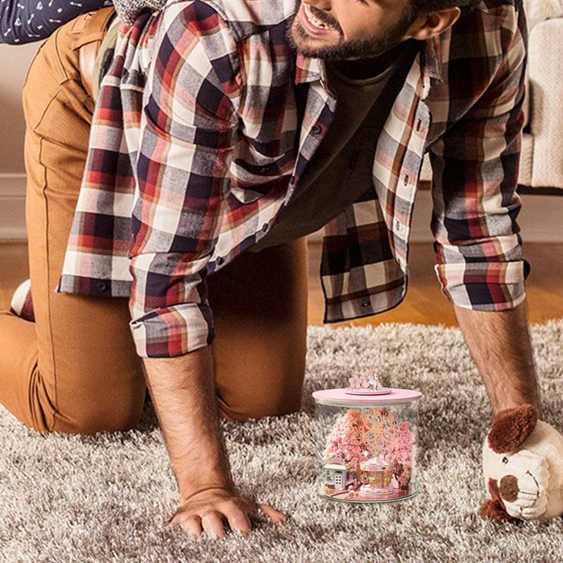 مصغرة منزل عدة ثلاثية الأبعاد تضيء نموذج كوخ لتقوم بها بنفسك Playset الجدة الوردي زهر الكرز منزل لعبة مع غطاء شفاف رومانسية
