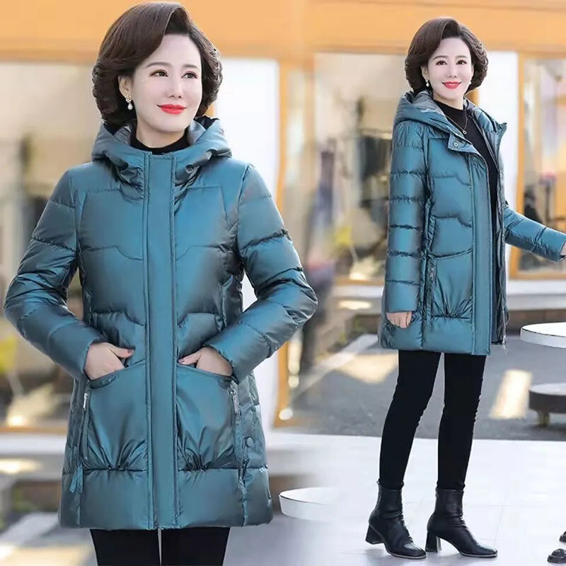 Nova meia-idade das mulheres brilhante para baixo casaco de algodão outono inverno quente acolchoado casacos de algodão feminino casual com capuz parka