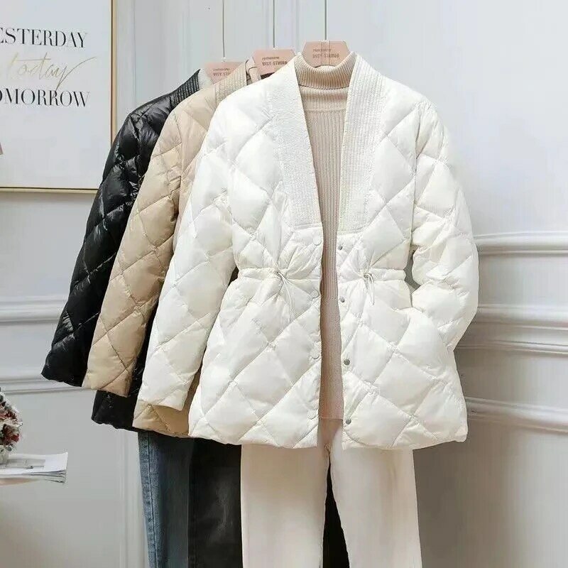 Autumn Winter Lingge Cotton Jacket 2024 New Women Warm Parkas Female Long Sleeve V-Neck Casual Cotton Padded Outwear Ladies Tops