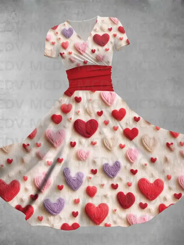 فستان ماكسي نسائي مطبوع عيد الحب ، فستان مثير برقبة على شكل حرف V ، فساتين نسائية ، ثلاثي الأبعاد ، عيد الحب