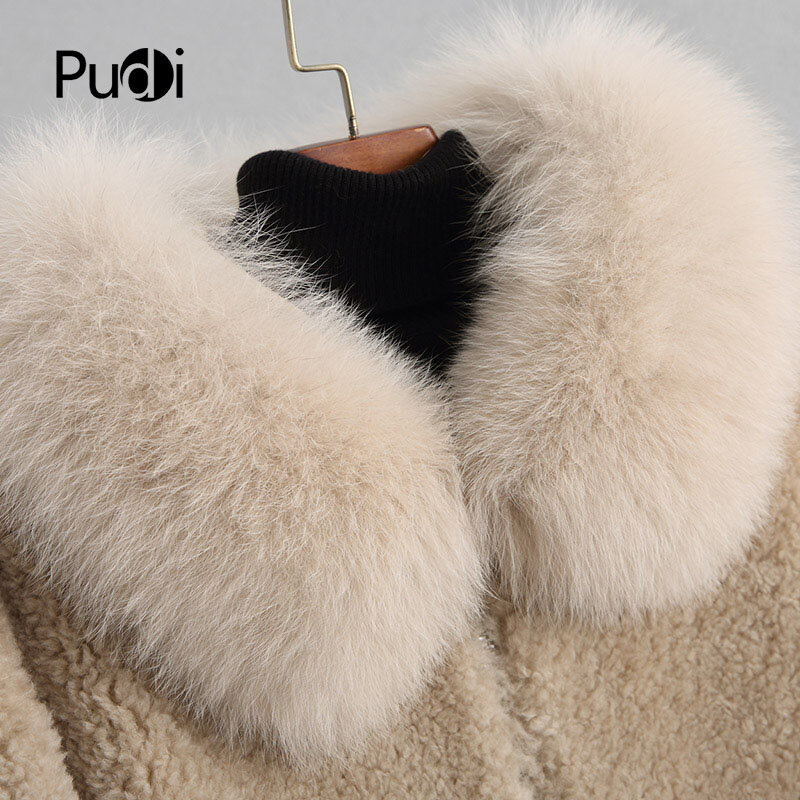 PUDI-Casaco Longo de Lã Feminino com Capuz de Pele Real Fox, Sobretudo Quente, Casaco de Inverno, Lady, A18103