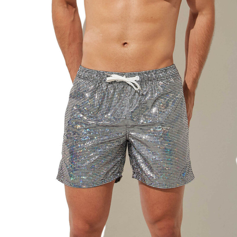 150g Mens Summer Beach Shorts Plus Size Glittering Swimming Boxer Underpants 100% Polyester Solid Plaid String Board Short