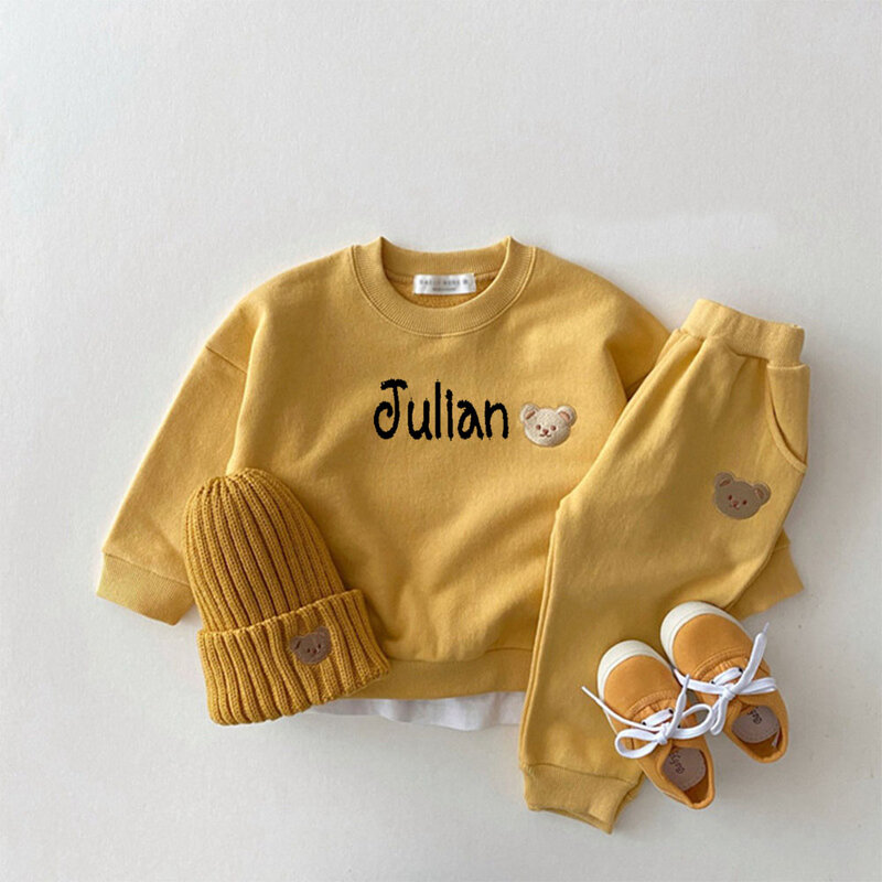 Bebê menino e menina personalizado urso camisola e calças conjunto, roupas de criança, roupas esportivas, roupas de outono, 2pcs ternos
