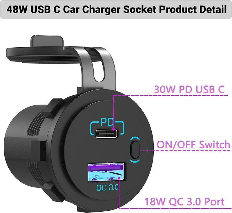 Chargeur de voiture USB de type C avec interrupteur, double prise de chargeur, adapté aux camions, bateaux, motos RL DVR, PD, 12V, 24V
