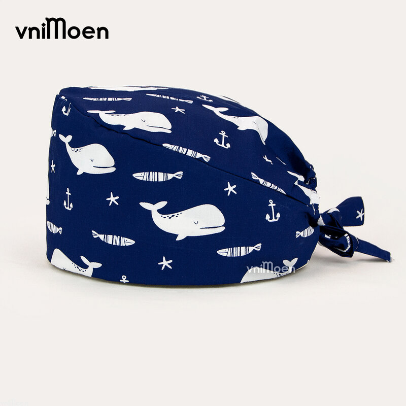 Wholesale Ocean and whale print Doctor Hat Nurse Pure Cotton Sweat-absorbent Towel Surgical Cap Head Cover for Beauty salon cap