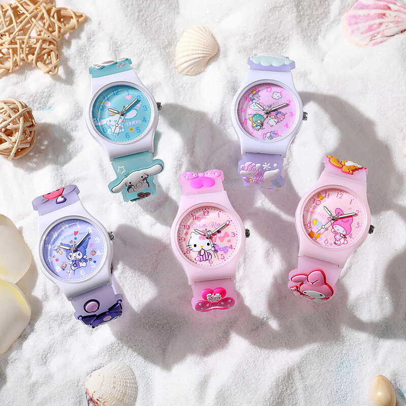Relojes bonitos de Hello Kitty para niñas, patrón de dibujos animados en 3D, Kuromi, reloj de cuarzo impermeable, reloj de pulsera, regalo para niños