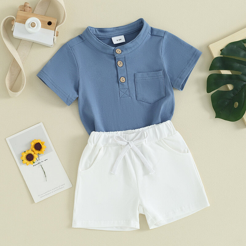 VISgogo Toddler Boys Summer Clothes Solid Color Short Sleeve Henley T-Shirt with Elastic Waist Shorts 2Pcs Casual Outfit